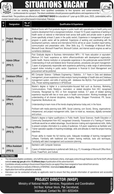 Ministry of National Health Services Jobs 2024